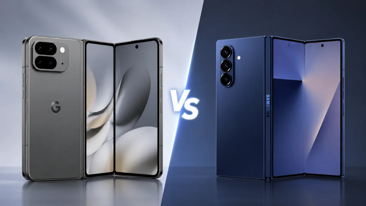 Pixel 11 Pro Fold open next to Samsung Galaxy Z Fold 8