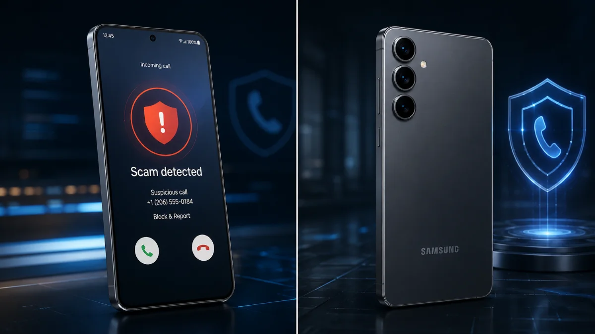 Samsung Galaxy phone showing scam call detection warning